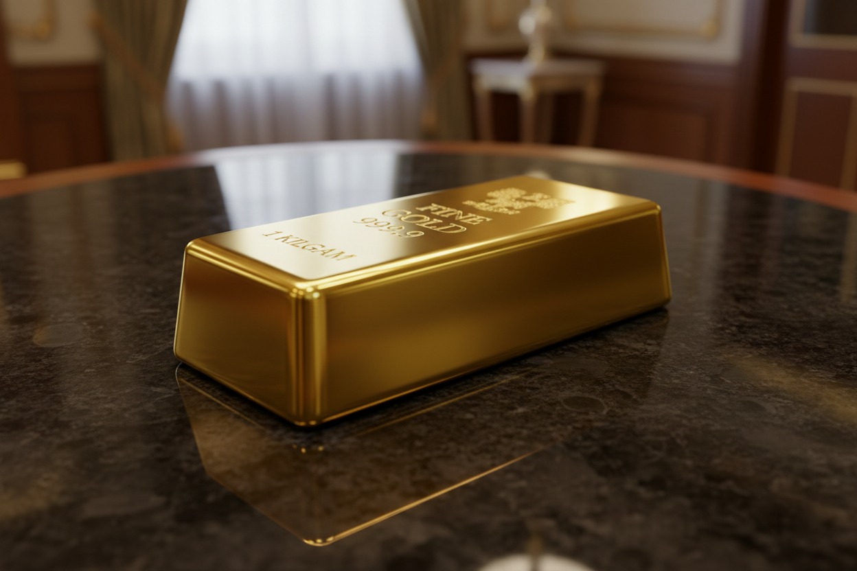 Ein glänzender Goldbarren liegt auf einer dunklen Marmorplatte in einem eleganten Raum.